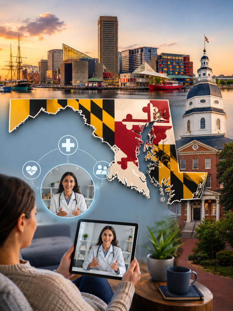 Telehealth connection in Maryland at sunset